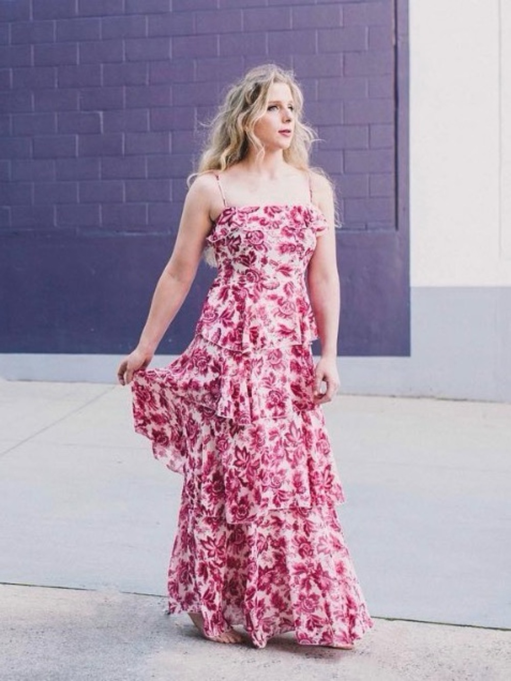 Aakaa Pink Floral Tiered Maxi Dress